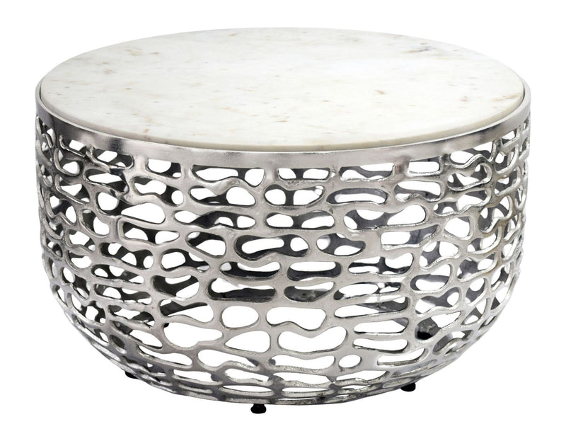 Couchtisch Rund 60 cm mit Marmorplatte Weiß, Aluminiumgestell Silber