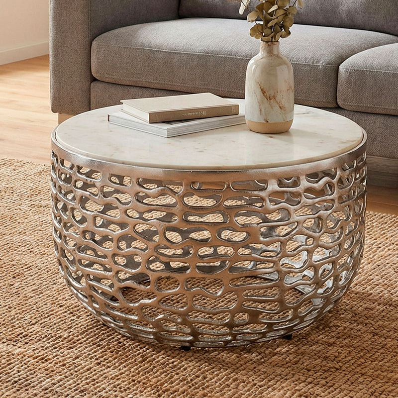Couchtisch Rund 60 cm mit Marmorplatte Weiß, Aluminiumgestell Silber