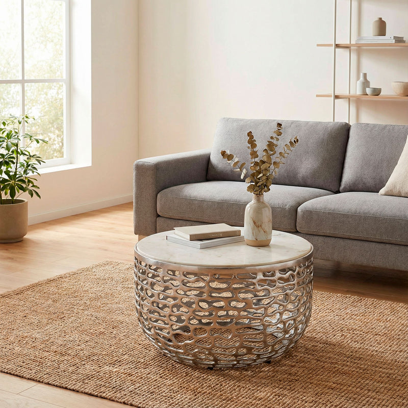 Couchtisch Rund 60 cm mit Marmorplatte Weiß, Aluminiumgestell Silber