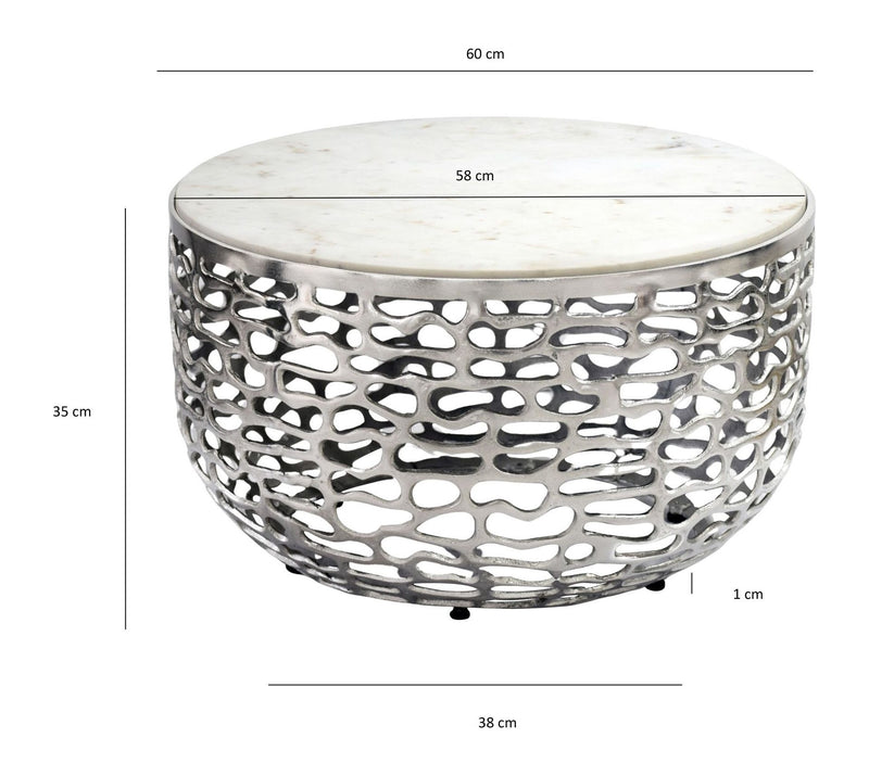 Couchtisch Rund 60 cm mit Marmorplatte Weiß, Aluminiumgestell Silber