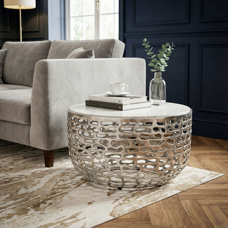 Couchtisch Rund 60 cm mit Marmorplatte Weiß, Aluminiumgestell Silber