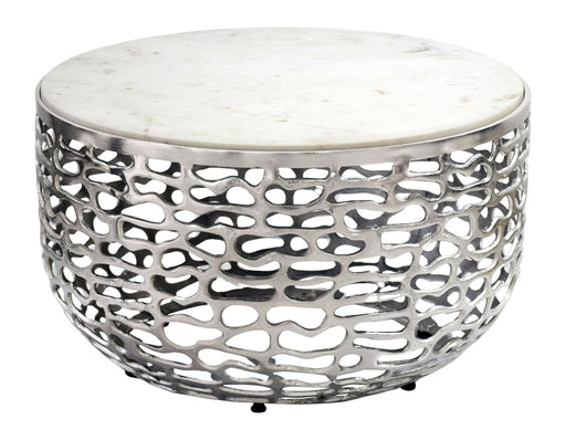 Couchtisch Rund 60 cm mit Marmorplatte Weiß in Gesamtansicht mit silbernem Aluminiumgestell und weißer Marmorplatte.
