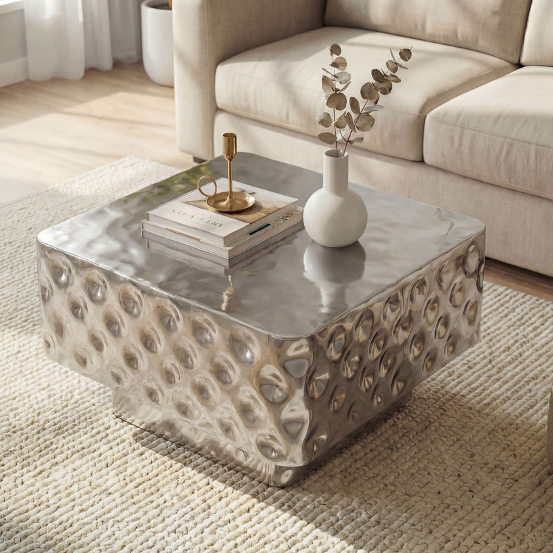Couchtisch Aluminium 60 cm Silber Gehämmert im Kubus-Design Wohnzimmer