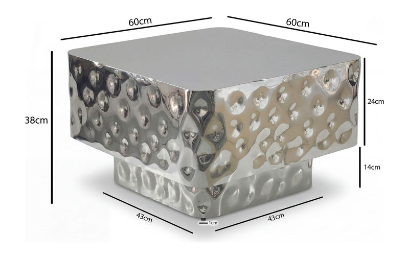 Couchtisch Aluminium 60 cm Silber Gehämmert im Kubus-Design Wohnzimmer