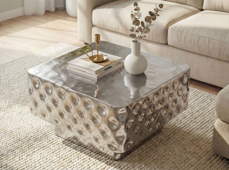 Couchtisch Aluminium 60 cm Silber Gehämmert im Kubus-Design Wohnzimmer