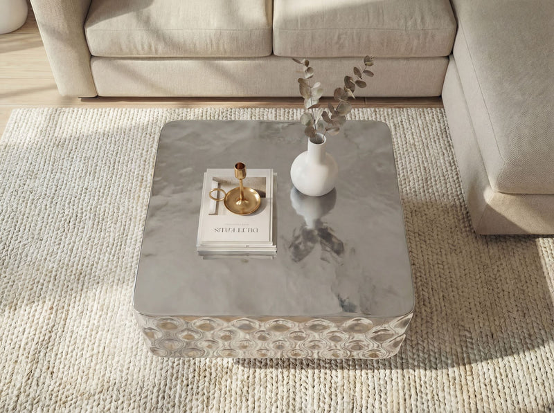 Couchtisch Aluminium 60 cm Silber Gehämmert im Kubus-Design Wohnzimmer