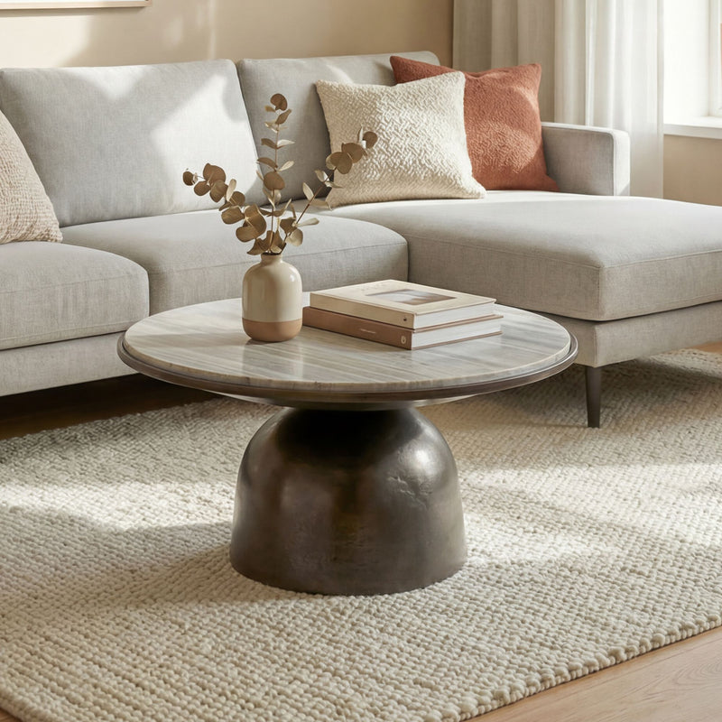 Couchtisch rund 60 cm mit Marmorplatte und Aluminiumgestell Schwarz