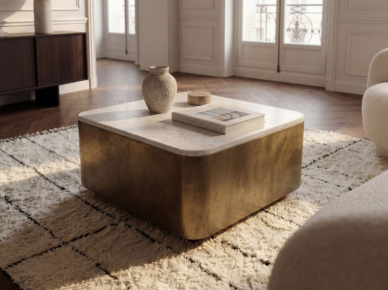 Couchtisch Kubus 60x60 cm aus Marmor mit goldenem Metallgestell