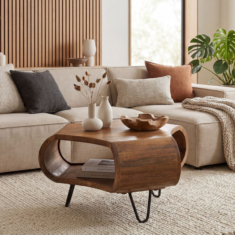 Couchtisch Mango Massivholz 60cm, Industrial-Design mit Stauraum