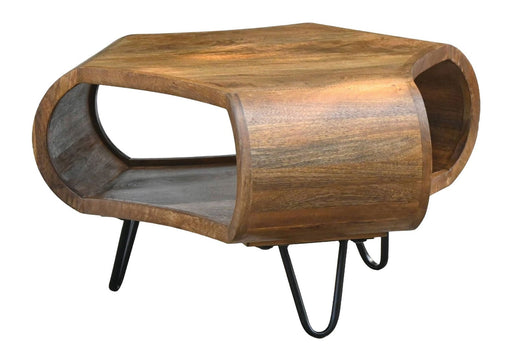 Couchtisch Mango Massivholz 60cm in Gesamtansicht mit zylindrischem Korpus und schwarzen Metallbeinen.