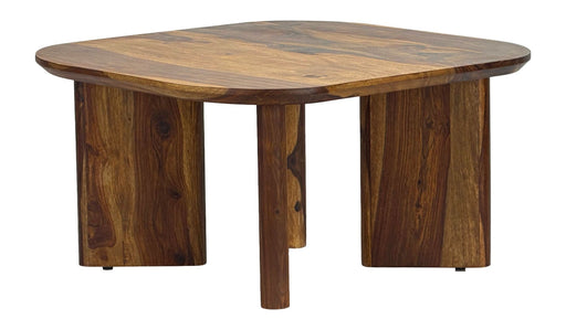 Couchtisch Sheesham Massivholz mit ovaler Tischplatte und massiven Holzbeinen in Gesamtansicht von oben.