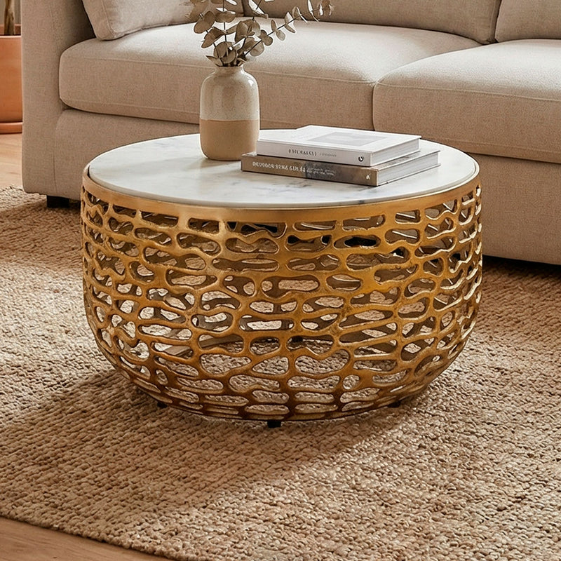 Couchtisch Marmor Gold-Weiß rund 60 cm mit Aluminiumgestell Wohnling