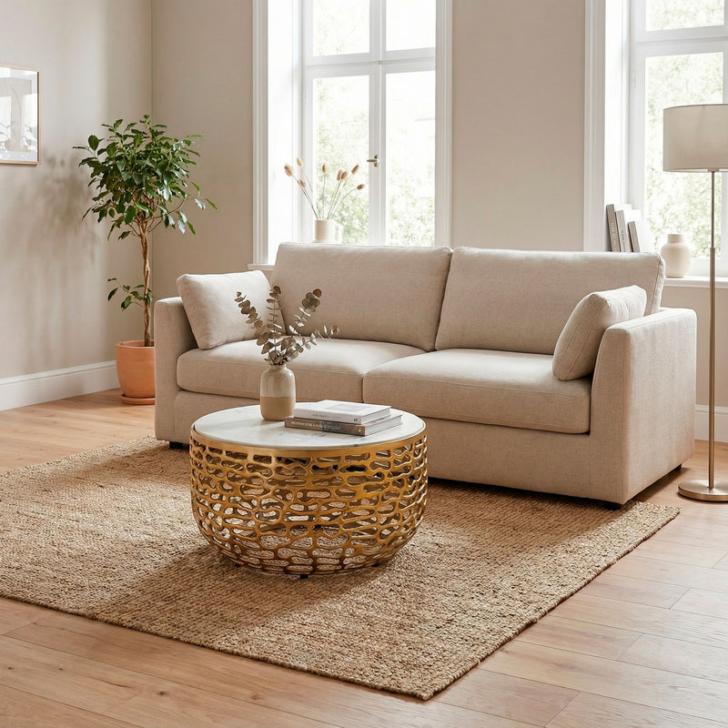 Couchtisch Marmor Gold-Weiß rund 60 cm mit Aluminiumgestell Wohnling