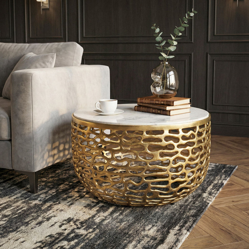 Couchtisch Marmor Gold-Weiß rund 60 cm mit Aluminiumgestell Wohnling