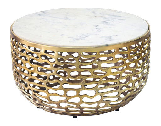 Couchtisch Marmor Gold-Weiß rund 60 cm mit Aluminiumgestell in Gesamtansicht mit weißer Marmorplatte.