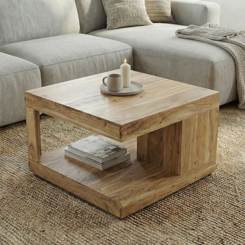Couchtisch Akazie Massivholz mit Ablagefach, 60x60 cm von Wohnling