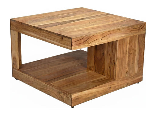 Couchtisch Akazie Massivholz mit Ablagefach in Gesamtansicht, quadratisch mit offener Ablage und seitlichem Fach.
