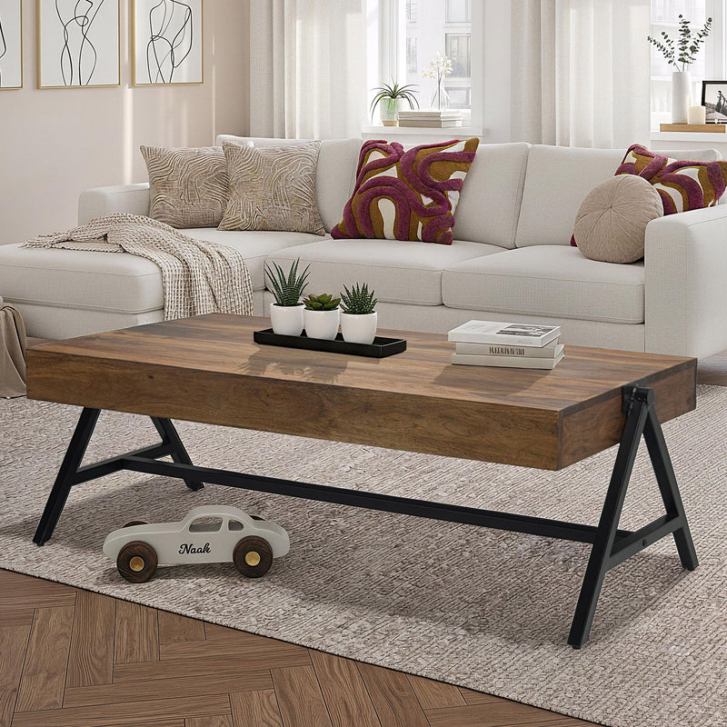 Couchtisch Sheesham 120cm massiv mit Metallgestell im Industrial-Look