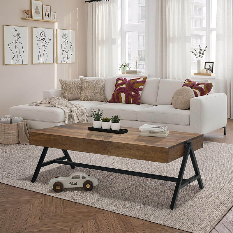 Couchtisch Sheesham 120cm massiv mit Metallgestell im Industrial-Look