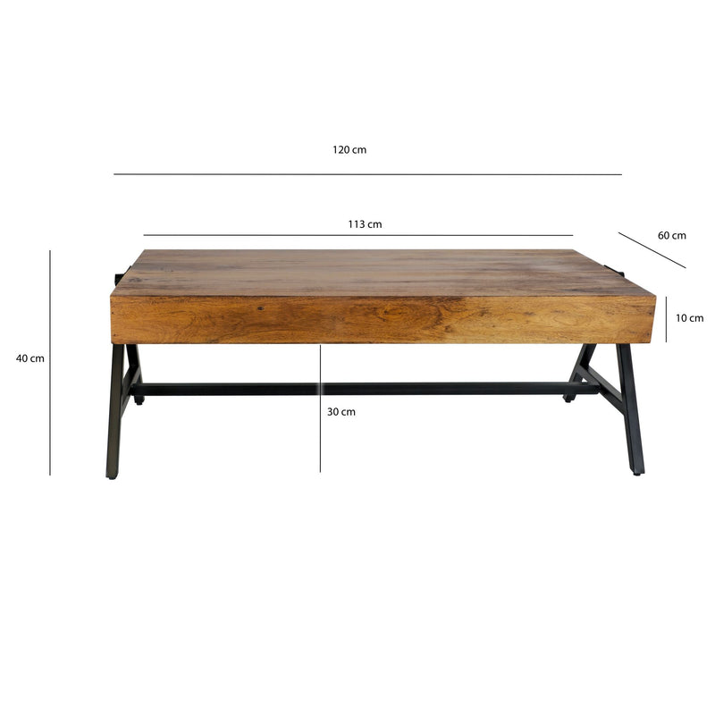 Couchtisch Sheesham 120cm massiv mit Metallgestell im Industrial-Look