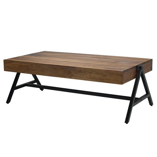 Couchtisch Sheesham 120cm mit massiver Holzplatte und schwarzem Metallgestell, Gesamtansicht von schräg oben.