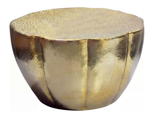 Couchtisch Blütenform Gold 60 cm mit goldener Oberfläche und blütenförmigem Aluminiumsockel in Gesamtansicht.