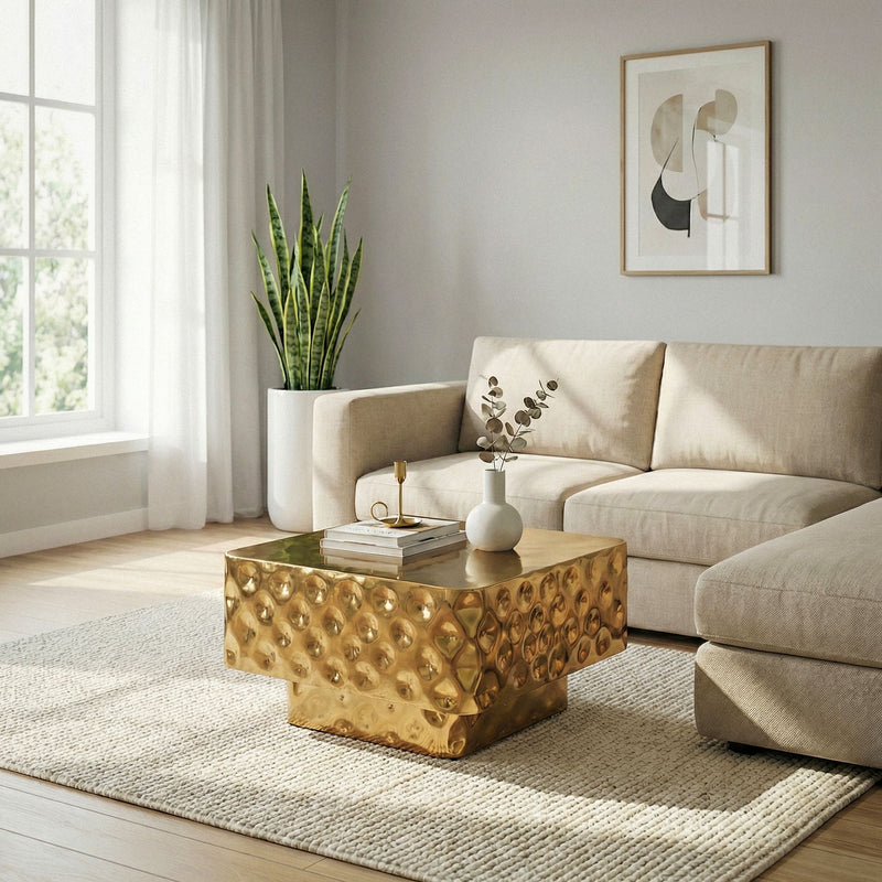 Couchtisch Aluminium Gold 60x60 cm mit gehämmerter Hammerschlag-Optik