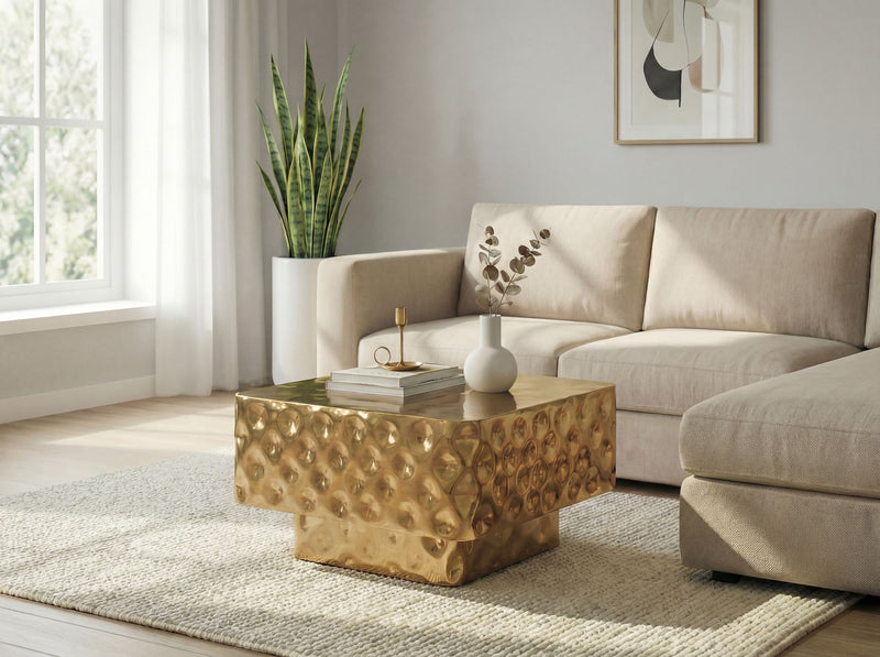 Couchtisch Aluminium Gold 60x60 cm mit gehämmerter Hammerschlag-Optik