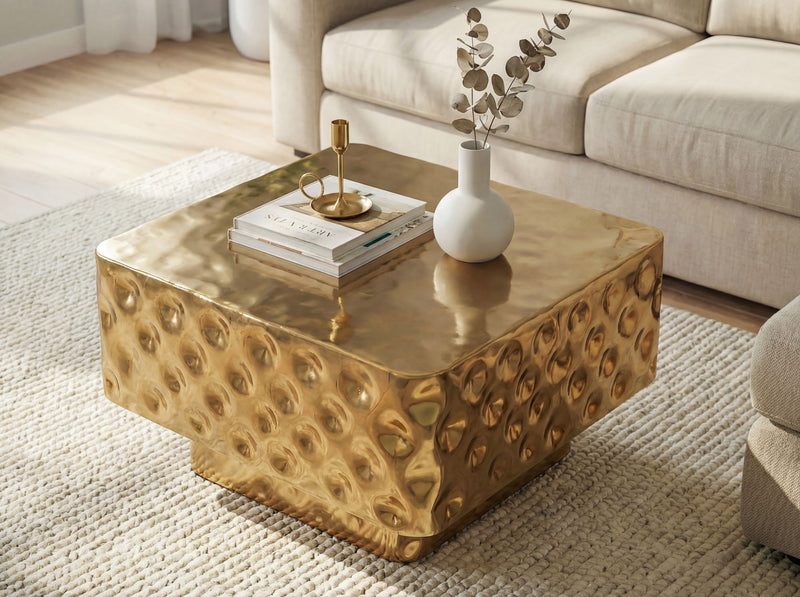 Couchtisch Aluminium Gold 60x60 cm mit gehämmerter Hammerschlag-Optik