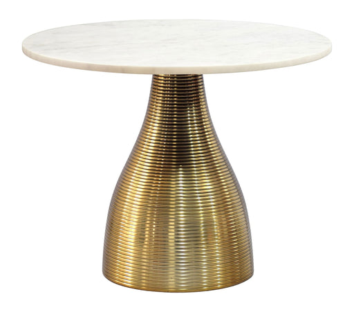 Runder Couchtisch Marmor Weiß mit Aluminium-Gestell Gold in Gesamtansicht von vorne.