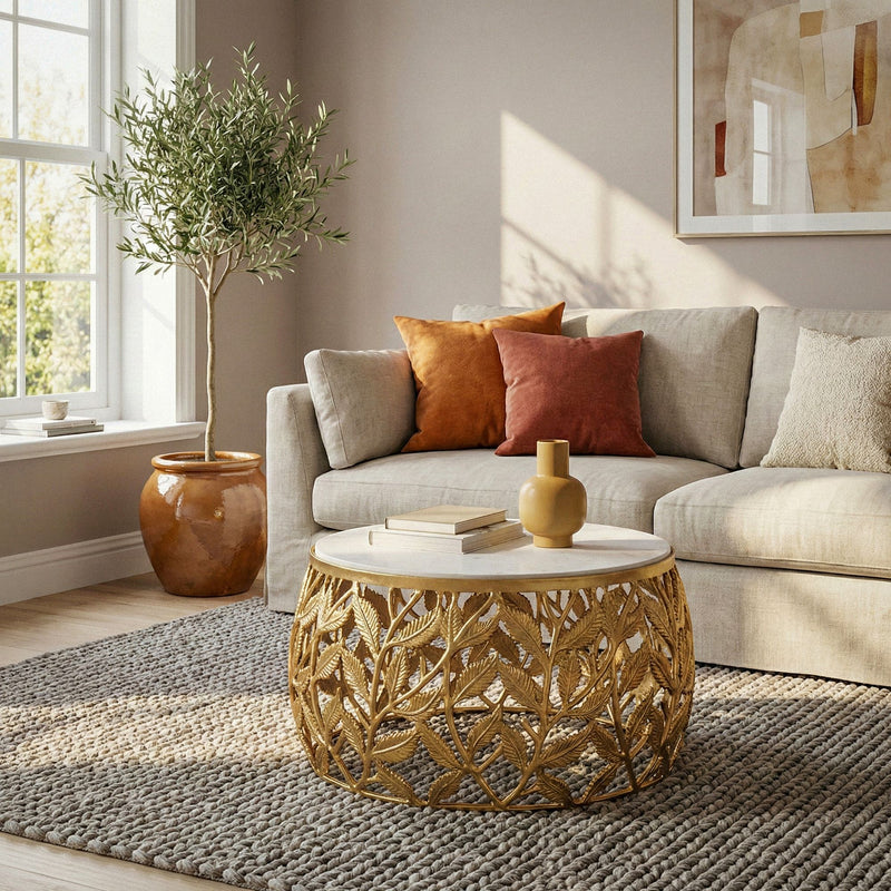 Couchtisch rund 60 cm Gold mit Marmor-Tischplatte, Aluminiumgestell