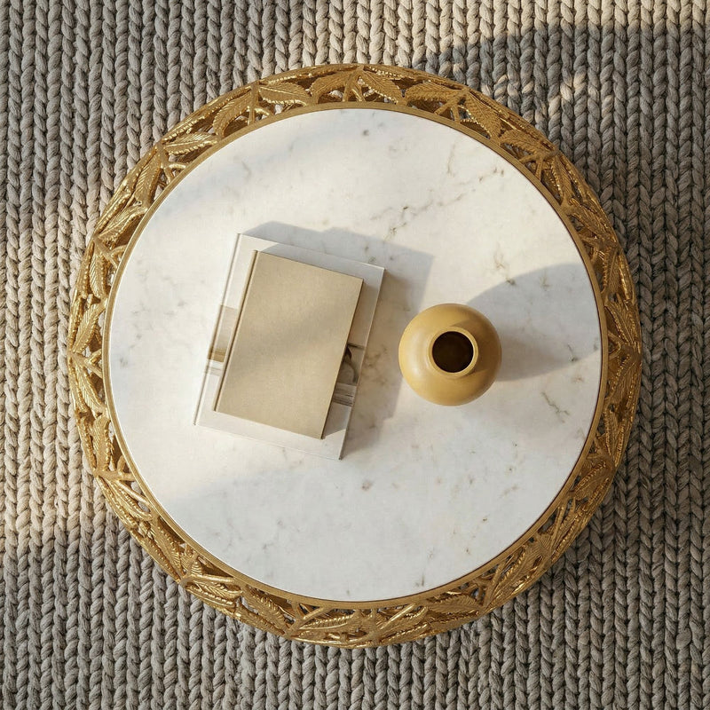 Couchtisch rund 60 cm Gold mit Marmor-Tischplatte, Aluminiumgestell