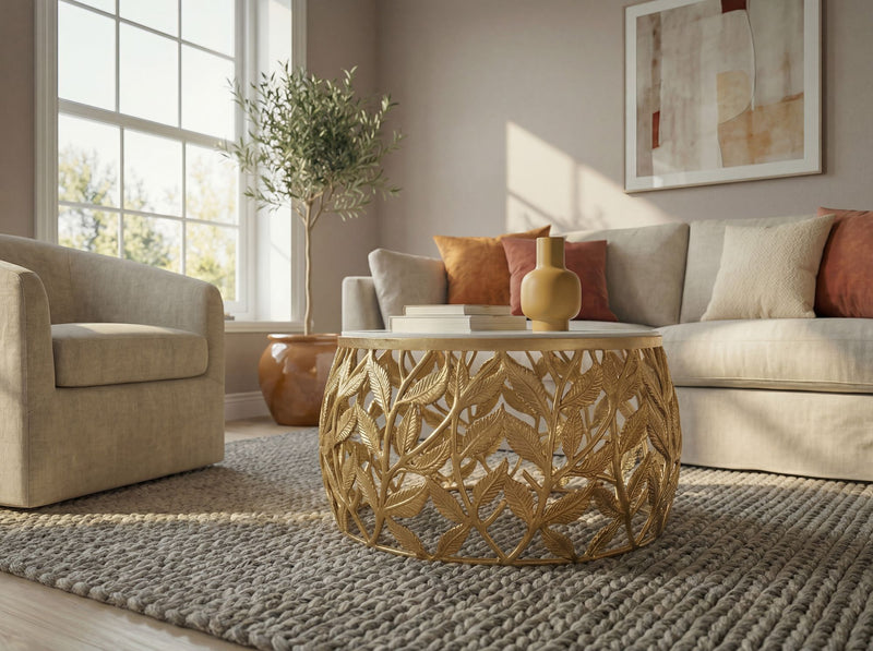 Couchtisch rund 60 cm Gold mit Marmor-Tischplatte, Aluminiumgestell