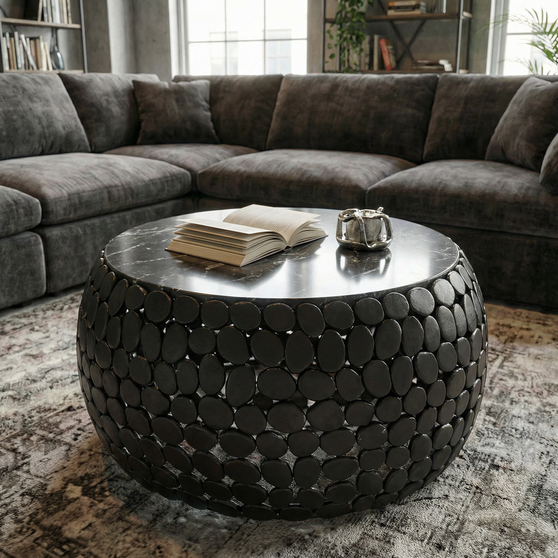 Couchtisch rund Marmor Schwarz mit Aluminiumgestell