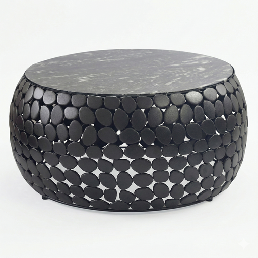 Couchtisch rund Marmor Schwarz mit schwarzer Marmorplatte und durchbrochenem Aluminiumgestell, Gesamtansicht.
