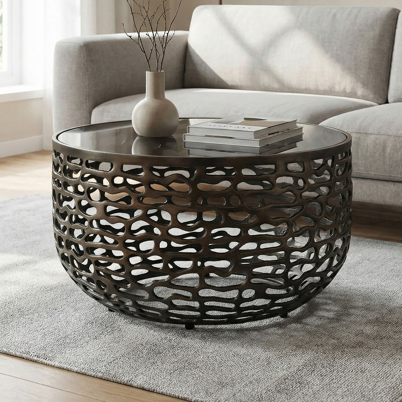 Runder Couchtisch 60 cm Schwarz aus Aluminium und Glas in Gitteroptik