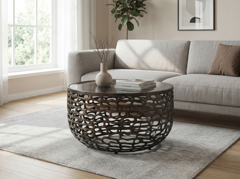 Runder Couchtisch 60 cm Schwarz aus Aluminium und Glas in Gitteroptik