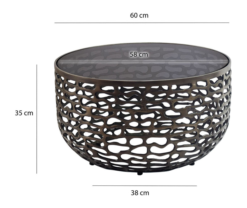 Runder Couchtisch 60 cm Schwarz aus Aluminium und Glas in Gitteroptik