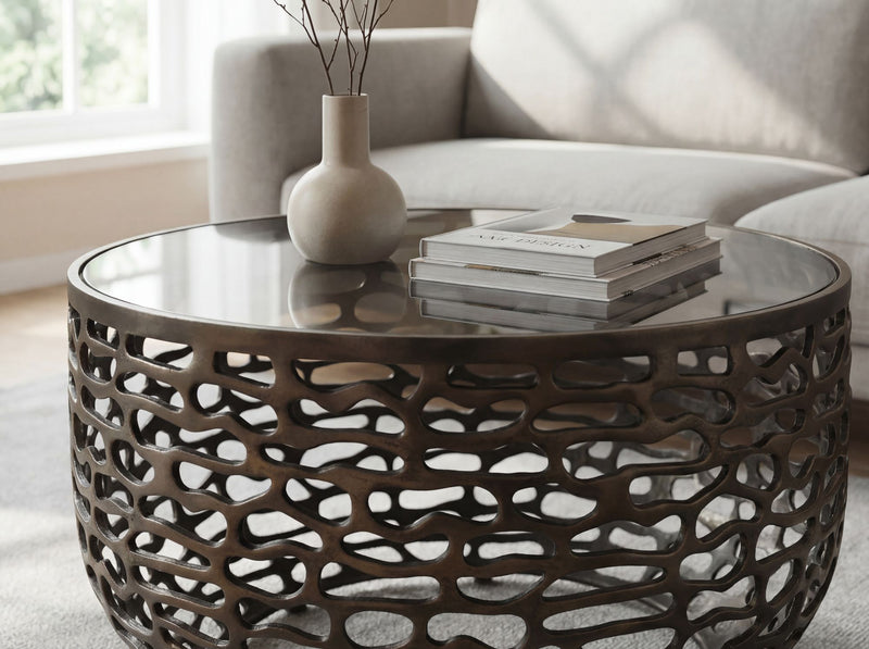 Runder Couchtisch 60 cm Schwarz aus Aluminium und Glas in Gitteroptik