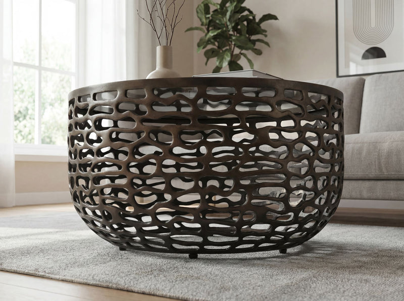 Runder Couchtisch 60 cm Schwarz aus Aluminium und Glas in Gitteroptik