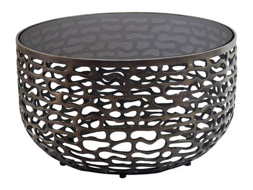 Runder Couchtisch 60 cm Schwarz mit durchbrochener Gitteroptik-Basis aus Aluminium und schwarzer Glasplatte in Gesamtansicht.
