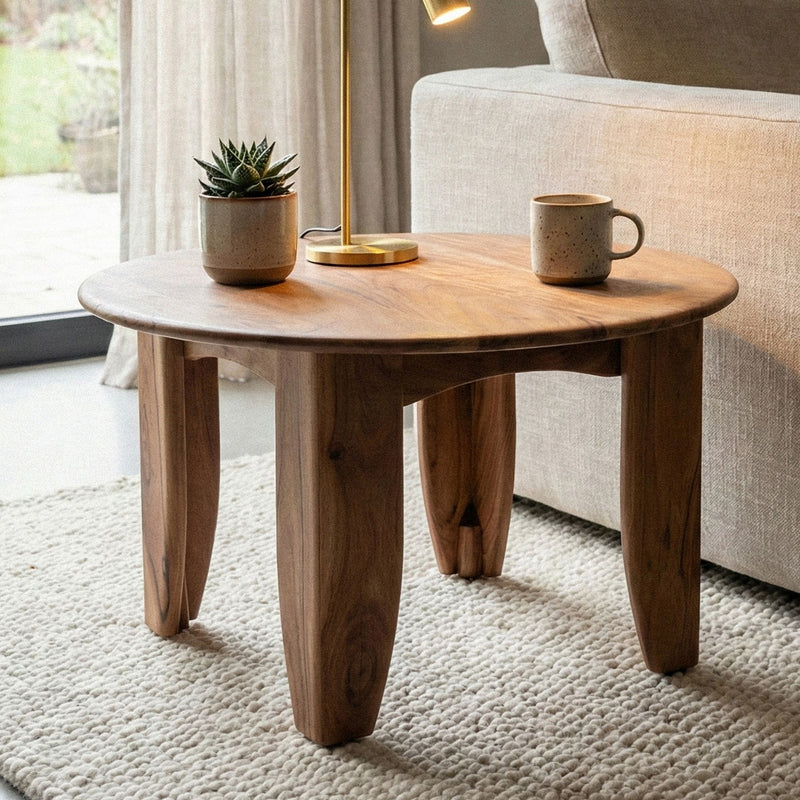 Couchtisch Akazie Massivholz Rund 60 cm – Wohnzimmertisch Handmade