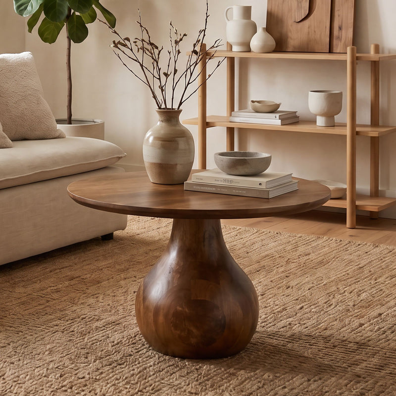 Couchtisch Mango Massivholz rund im Teardrop-Design, 60 cm, Wohnling