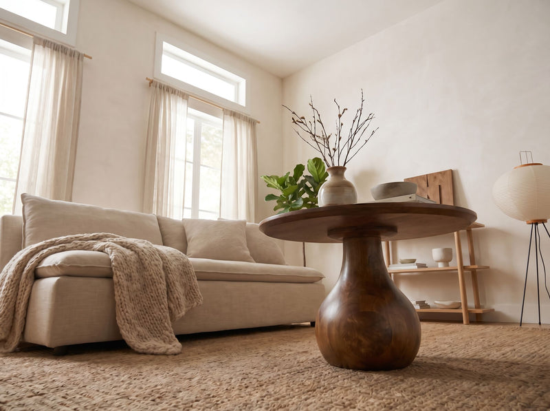Couchtisch Mango Massivholz rund im Teardrop-Design, 60 cm, Wohnling