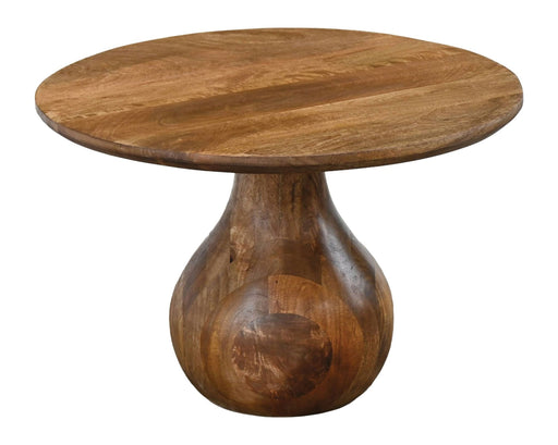 Couchtisch Mango Massivholz rund im Teardrop-Design mit runder Holzplatte und tropfenförmigem Sockel in Gesamtansicht.