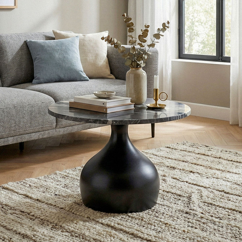 Couchtisch Rund 60cm mit Marmor-Tischplatte und Aluminiumgestell