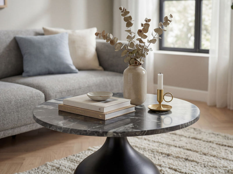 Couchtisch Rund 60cm mit Marmor-Tischplatte und Aluminiumgestell
