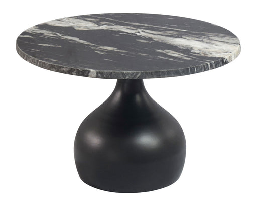 Couchtisch Rund 60cm mit schwarzer Marmor-Tischplatte und kugelförmigem Aluminiumgestell in Gesamtansicht.