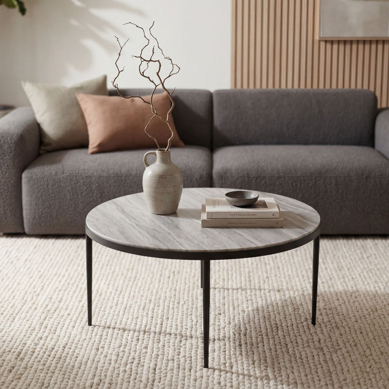 Couchtisch Toronto Marmor Weiß rund 70 cm mit schwarzem Metallgestell