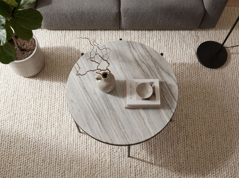 Couchtisch Toronto Marmor Weiß rund 70 cm mit schwarzem Metallgestell
